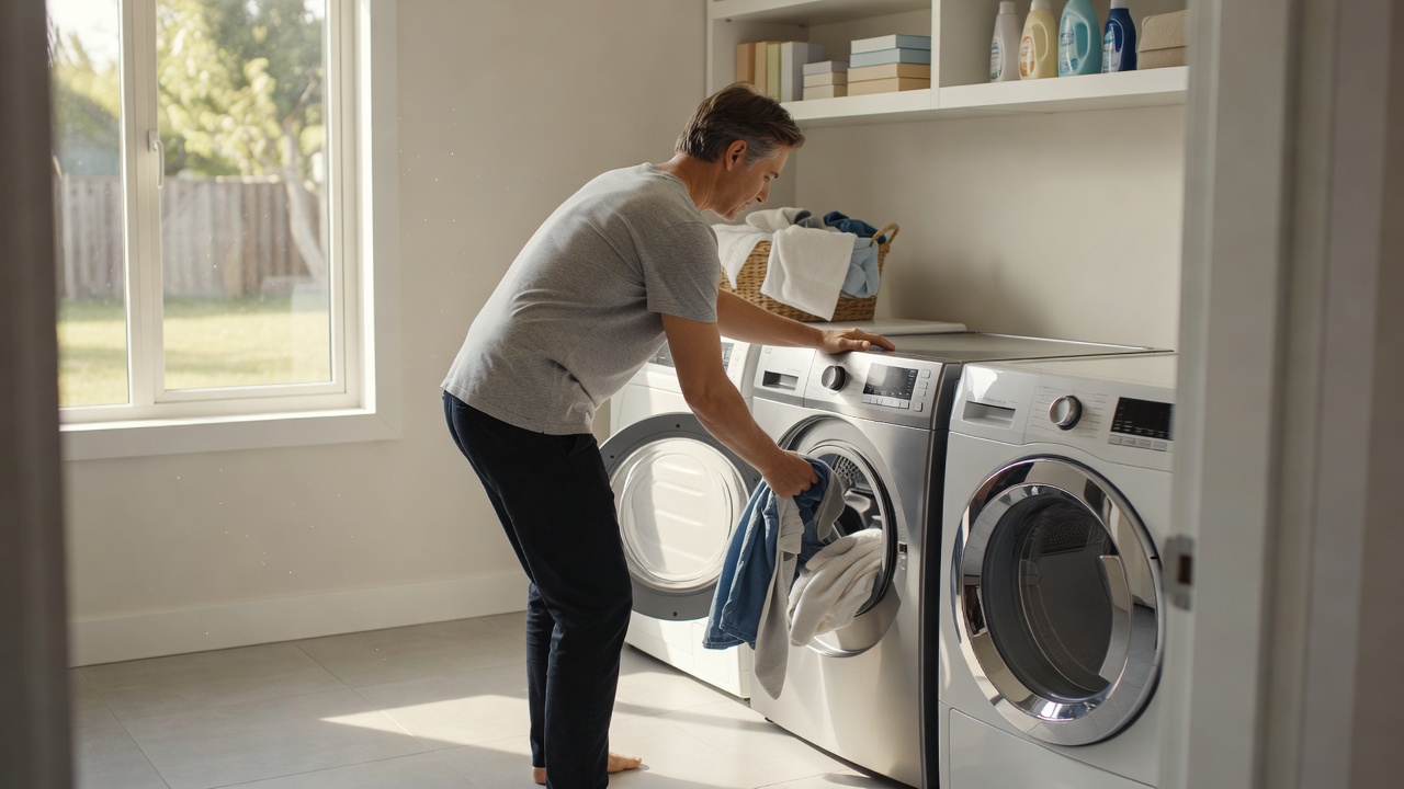 Person loading clothes into a front-loading washing machine in a bright home laundry room