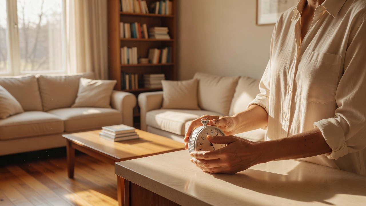 Person setting a kitchen timer next to a tidy living room in bright natural light