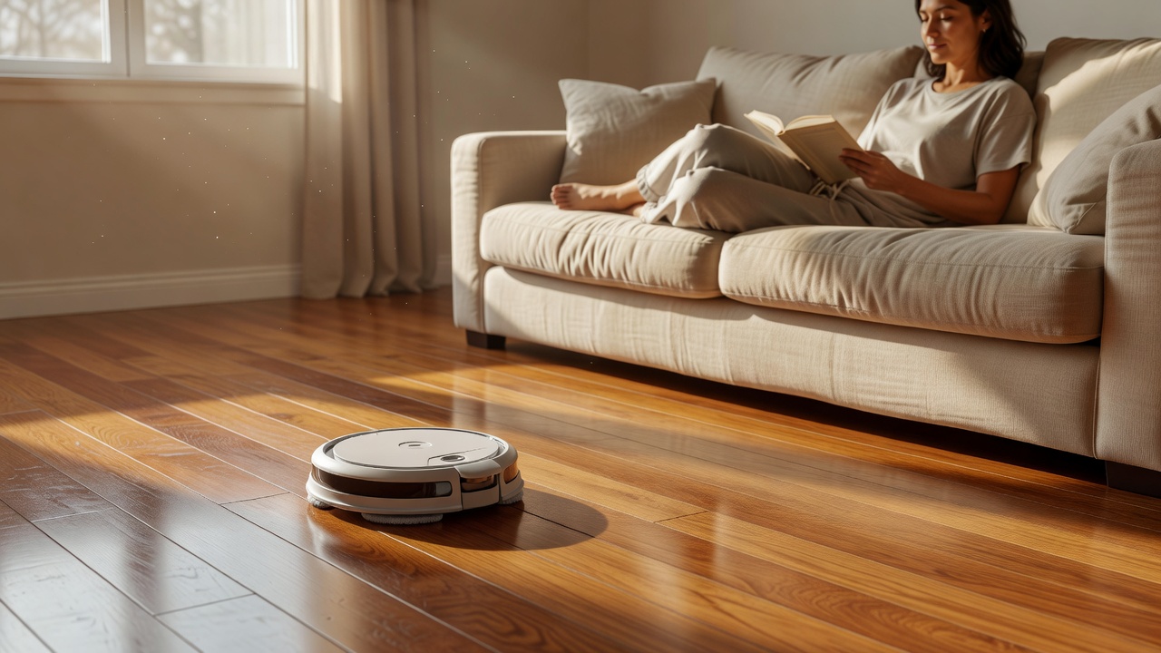 Robot mop gliding across a sunlit hardwood floor while a person reads on a sofa nearby